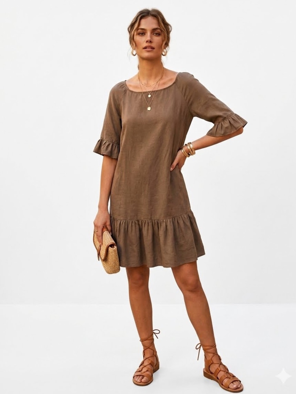 Elie Tahari Brown Shift Babydoll Dress Ruffle-Hem Linen Blend Relaxed Boho Small